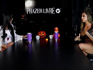 Brazilian beauty contrasts innocent looks with wild group toy play in sexy halloween lingerie