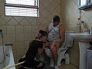 Petite slut sucking cock on toilet with cumshot facial in amateur homemade fetish