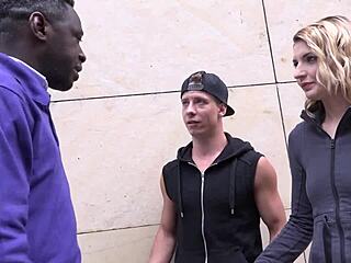 blonde woman nailed by black man while partner watches