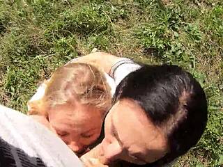 i'm smoking with these sluts as we suck cock in public forest, doing double handjob and swallowing cum in ffm action