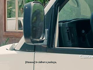 Watch out! Tiny lesbian straps on a cock and pounds that dainty delivery girl's shaved wet cunt hard!