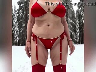 Busty granny flaunts new bikini with dirty talk for Christmas, ending fully nude and horny