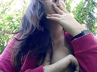 Nicoletta Smokes In Public Garden Flashing Huge Big Tits Outdoors