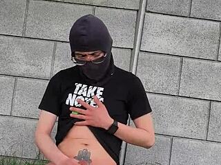 Guy masturbates with huge cock outdoors in forest public flashing