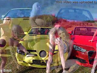 Outdoor teasing with horny amateur bitches jerking near cars fast epic.