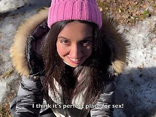 Can you believe I let that stranger fill my pussy with cum in the snowy forest?