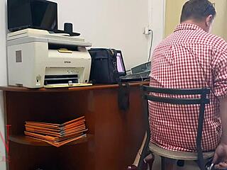 Brunette femdom boss dominates employee with intense pussy licking in office hidden cam.