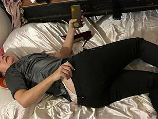 i wore black leather pants with leo bodysuit satin white thong multi colored thong satin shirt and heels in french amateur pov