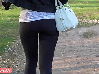 Jeny Smith boldly flashes cameltoe in see-through yoga pants outdoors