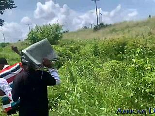 Big Natural Tits Ebony Amateur Poses in Behind the Scenes Outdoor Photoshoot with Monster Cock Action