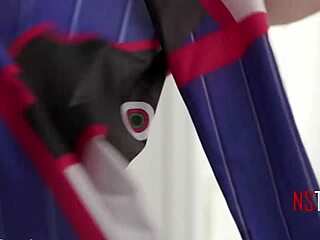 Brunette teen 18+ in costume rides cowgirl style with cute shaved pussy licking action.