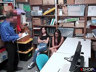 Petite teen 18+ thieves striptease in backroom caught by mall cop fucking hard cock in office threesome