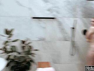 Brunette petite boss dominates with deepthroat blowjob and hairy pussy fucking on knees in hospital shower