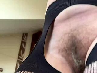 Oh, this hairy milf is doing a fetish workout in fishnets at the gym