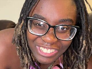 tee vuitton, the nerdy ebony girl next door, teases with striptease and lingerie before interracial blowjob and cumshot action