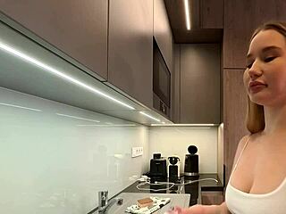 big boobs blonde college girl in mini skirt flashes legs and ass during chores