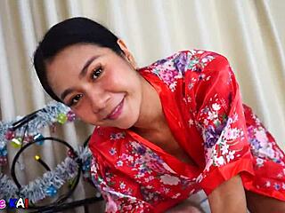 Oriental brunette milf sucks cock eagerly, getting a hot mouthful of cum in pov