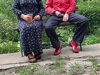 kinky wife milf jerks huge cock cumshot public park bench fetish