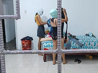 Horny housewives touch buttocks and tits during housework in interracial amateur massage.