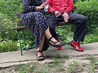 kinky wife milf jerks huge cock cumshot public park bench fetish