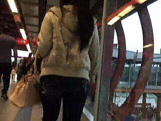 Wow jacket boots ass hidden on crowded train!