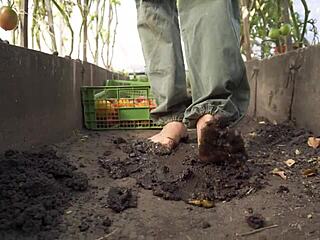 Barefoot Tomato Squashing Teases Dirty Foot Fetish