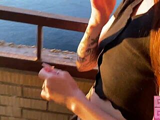 gerageyn smokes while slurping bimbo blowjob cum on public balcony