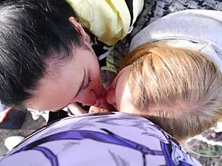 Young sluts beg for sloppy double blowjob cumswap in car trunk outdoors!