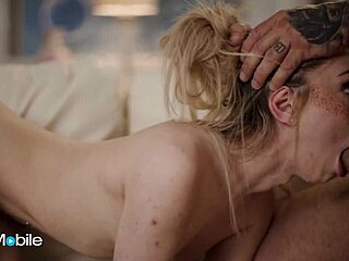 Skinny blonde chats intimately then tastes cock deeply