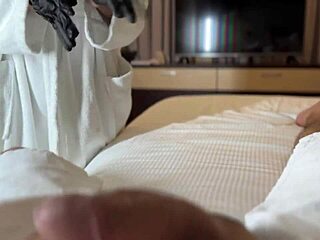 stepmom in sexy swimsuit spots my bulge and punishes me hard