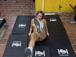 Blonde Colombian Milf Karen Sleent's Naked Gym JOI Workout Session