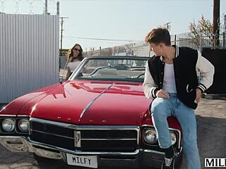 Milfy fit brunette Justine rides young stud hard in classic car