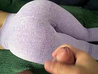 Cumshot explodes on tight yoga leggings after tease